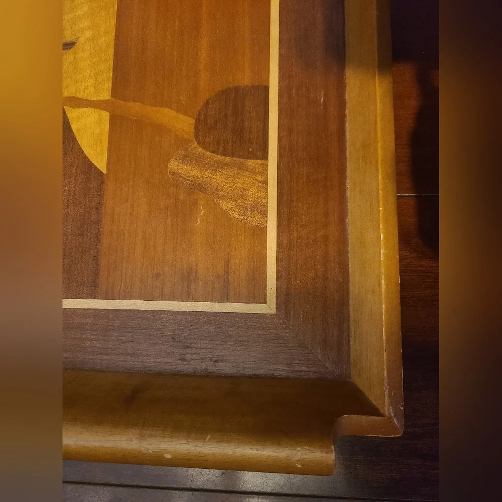 Vintage Marquetry Inlaid Wood Serving Tray Tropical theme 19.5 X 13